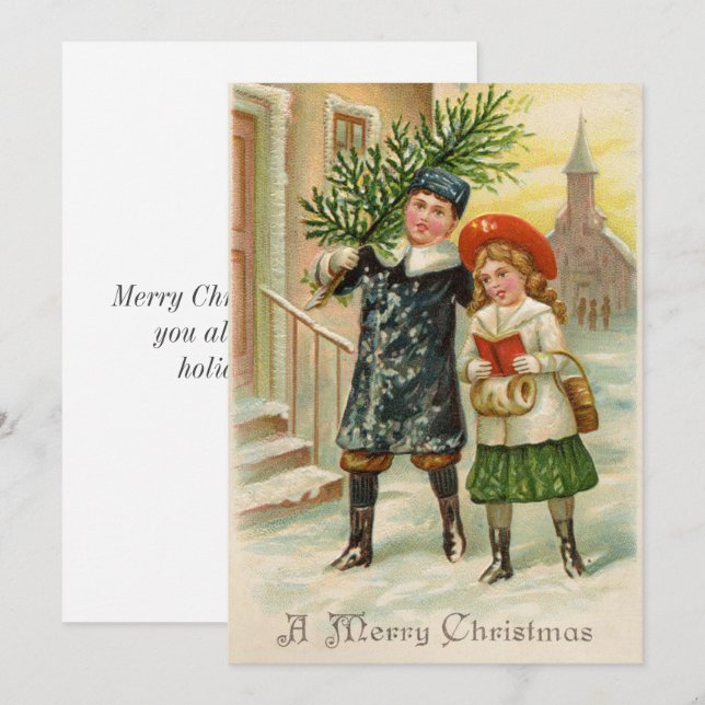Vintage illustration children Christmas card  (Front/Back)