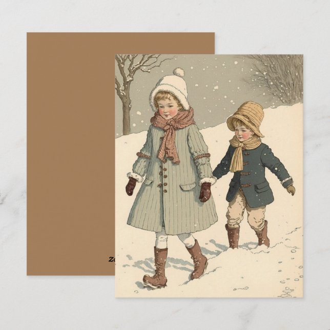 Vintage illustration children Christmas card  (Front/Back)