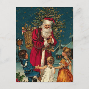 Vintage Illustration Christmas Santa and Children Holiday Postcard