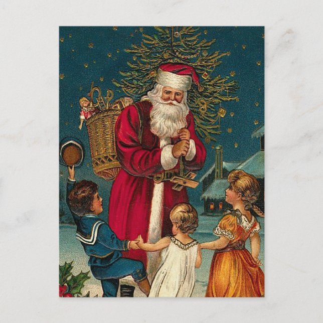 Vintage Illustration Christmas Santa and Children Holiday Postcard (Front)