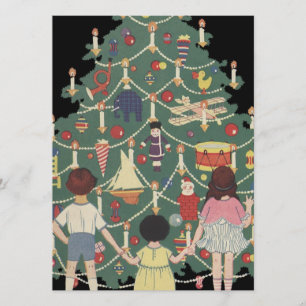 Vintage Illustration - Christmas Tree and Kids Invitation