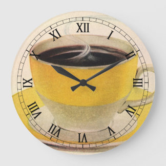 Vintage Illustration Coffee in a Yellow Cup Large Clock
