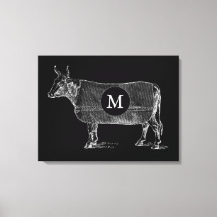 VINTAGE ILLUSTRATION Cow Monogram Black Canvas