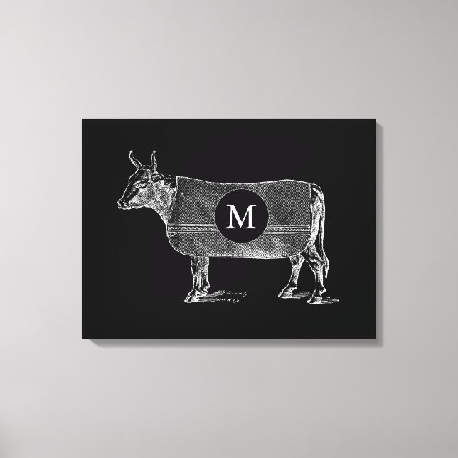 VINTAGE ILLUSTRATION Cow Monogram Black Canvas Print (Front)