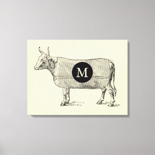 VINTAGE ILLUSTRATION Cow Monogram Canvas
