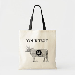 VINTAGE ILLUSTRATION Cow Monogram Custom Tote Bag