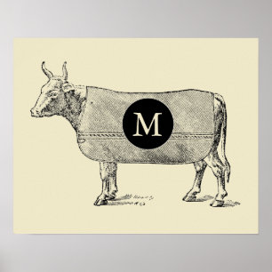 VINTAGE ILLUSTRATION Cow Monogram Poster