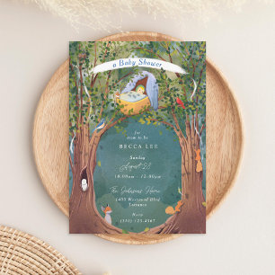 Vintage Illustration Cradle Tree Tops Blue Shower Invitation