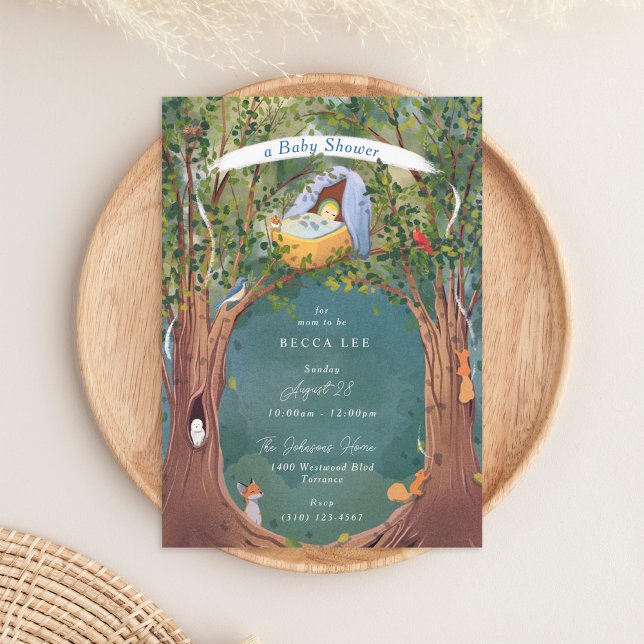 Vintage Illustration Cradle Tree Tops Blue Shower Invitation (Creator Uploaded)