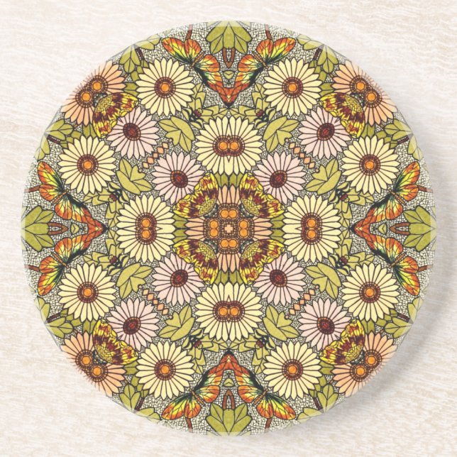 Vintage Illustration Flowers Butterflies Pattern Coaster (Front)