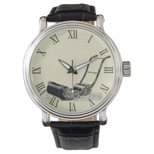 Vintage Illustration Lawn Mower Roman Numbers W Watch