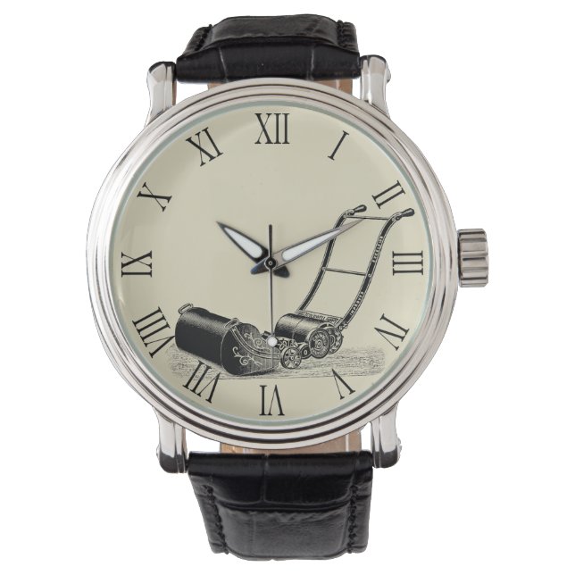 Vintage Illustration Lawn Mower Roman Numbers W Watch (Front)