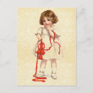 Vintage Illustration Little Girl Christmas Bow Holiday Postcard