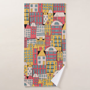vintage illustration of a city building in the for bath towel