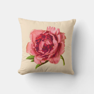 Vintage Illustration of a Large Coral Pink Peony Cushion