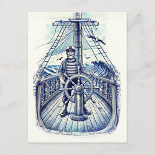Vintage Illustration of a Sailor at the Helm Postcard