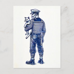 Vintage Illustration of a Sailor Holding a Cat Postcard