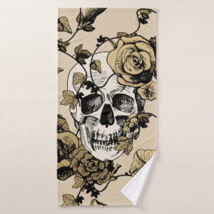 vintage illustration of a skull surrounded and cov bath towel