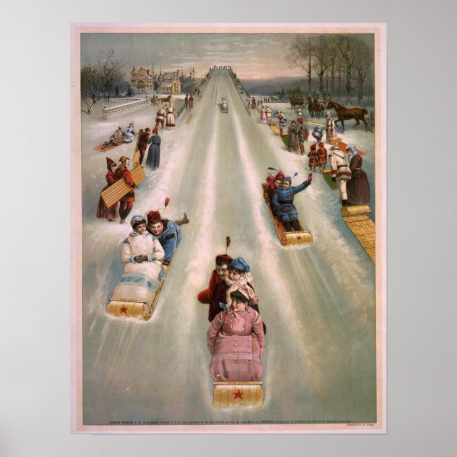 Vintage Illustration of a Toboggan Race (1886) Poster (Front)