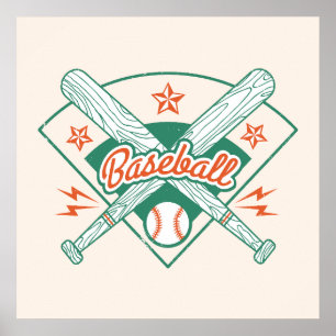 Vintage illustration of baseball bats and ball. poster