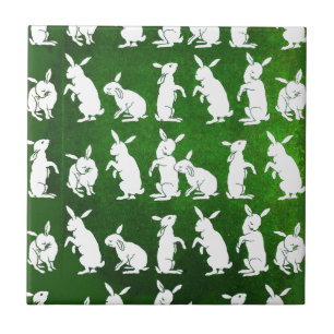 Vintage Illustration of Bunnies on Green Tile