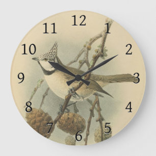 Vintage Illustration of European Crested Tit Large Clock