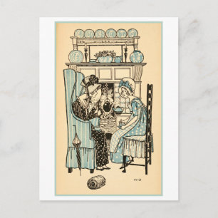 Vintage Illustration of Girls at Tea Party Postcard