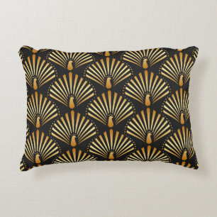 vintage illustration of golden peacock in black ba decorative cushion