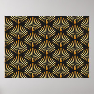 vintage illustration of golden peacock in black ba poster
