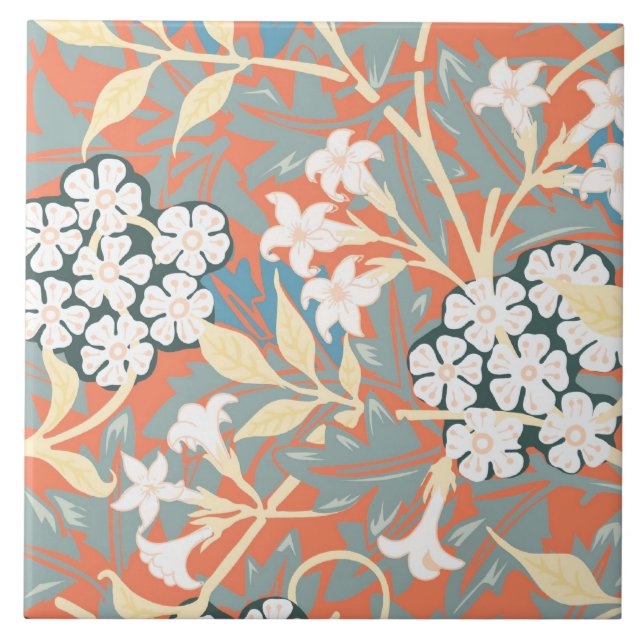 Vintage illustration of Jasmine blue/beige Tile (Front)