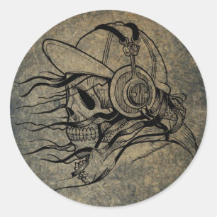 Vintage Illustration of Skull with Headphones Classic Round Sticker