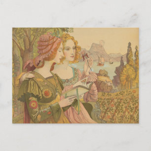 Vintage Illustration of Two Women Reading Postcard