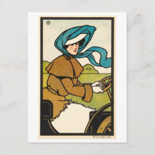 Vintage Illustration of Woman Driving a Car Postcard