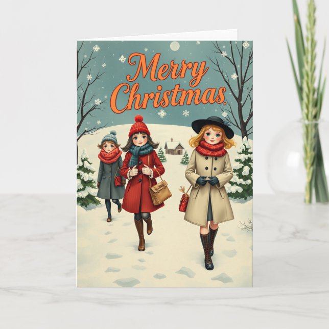 Vintage Illustration People going to Church Winter Card (Front)