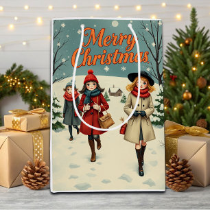 Vintage Illustration People going to Church Winter Medium Gift Bag