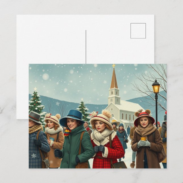 Vintage Illustration People leaving Church Holiday Postcard (Front/Back)