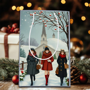 Vintage Illustration People leaving Church Winter Medium Gift Bag