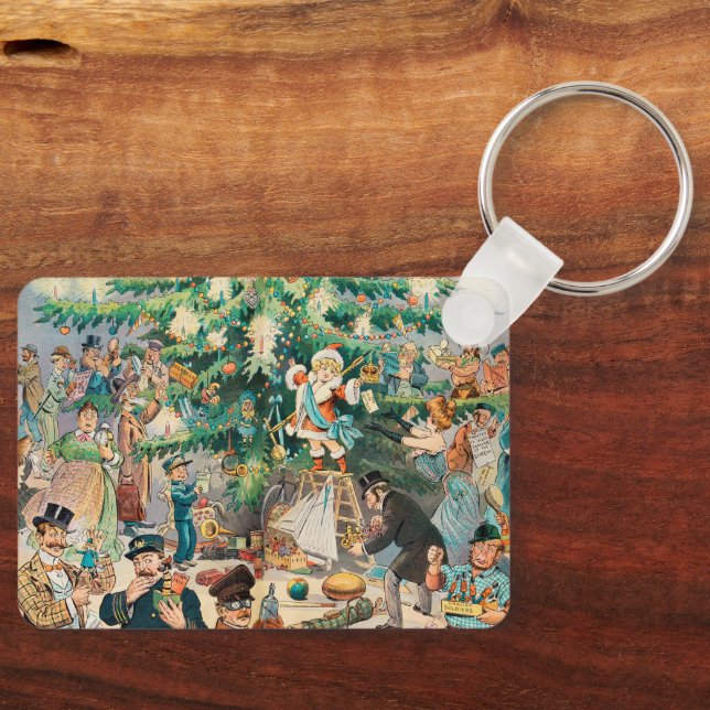 Vintage Illustration Puck's Christmas Tree, 1902 Key Ring (Front)