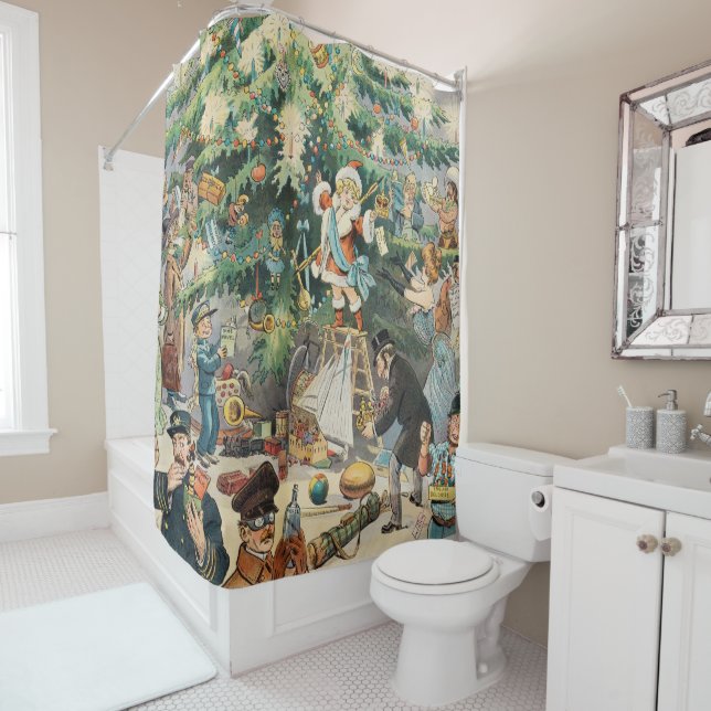 Vintage Illustration Puck's Christmas Tree, 1902 Shower Curtain (In Situ)