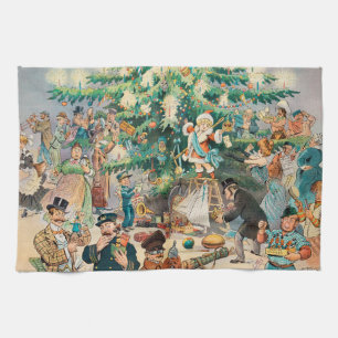 Vintage Illustration Puck's Christmas Tree, 1902 Tea Towel