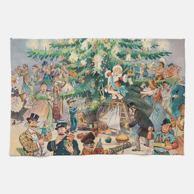 Vintage Illustration Puck's Christmas Tree, 1902 Tea Towel (Horizontal)