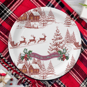 Vintage Illustration Reindeer and Houses Christmas Paper Plate