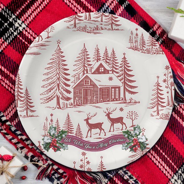 Vintage Illustration Reindeer and Houses Christmas Paper Plate (Creator Uploaded)