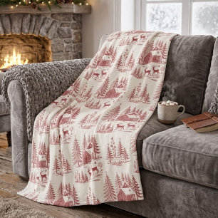 Vintage Illustration Reindeer and Houses Winter Fleece Blanket