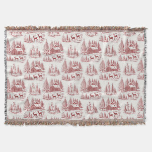 Vintage Illustration Reindeer and Houses Winter Throw Blanket