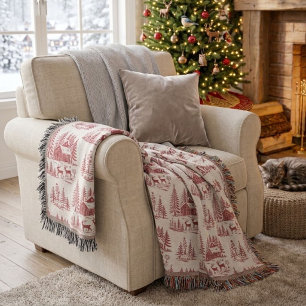 Vintage Illustration Reindeer and Houses Winter Throw Blanket