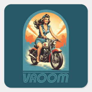 Vintage Illustration - Retro 60s Biker Girl Square Sticker