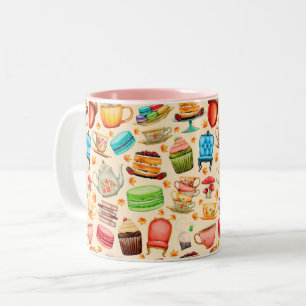 Vintage Illustration, Retro. cups, tea, cake Two-Tone Coffee Mug