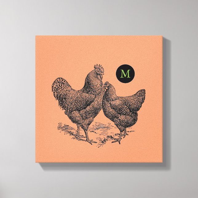 VINTAGE Illustration Rooster Hen Monogram Canvas (Front)