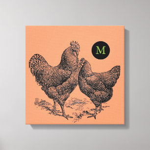 VINTAGE Illustration Rooster Hen Monogram Canvas Print